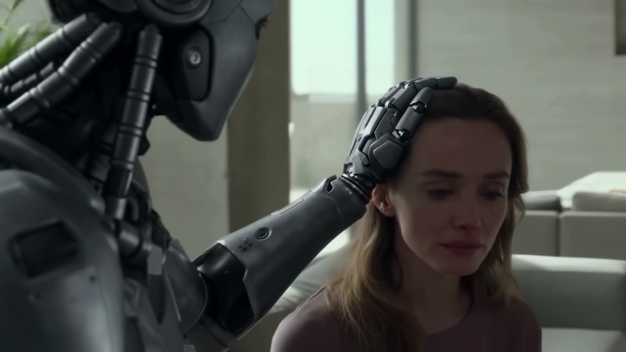 Un robot umanoide metallico scuro tiene il palmo meccanico contro i capelli di una donna mentre la visuale si allarga gradualmente per rivelare più della sua parte superiore del corpo accanto a lei in una stanza illuminata soffusamente.