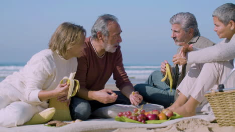 amigos mayores sentados en mantas en la orilla y comiendo frutas