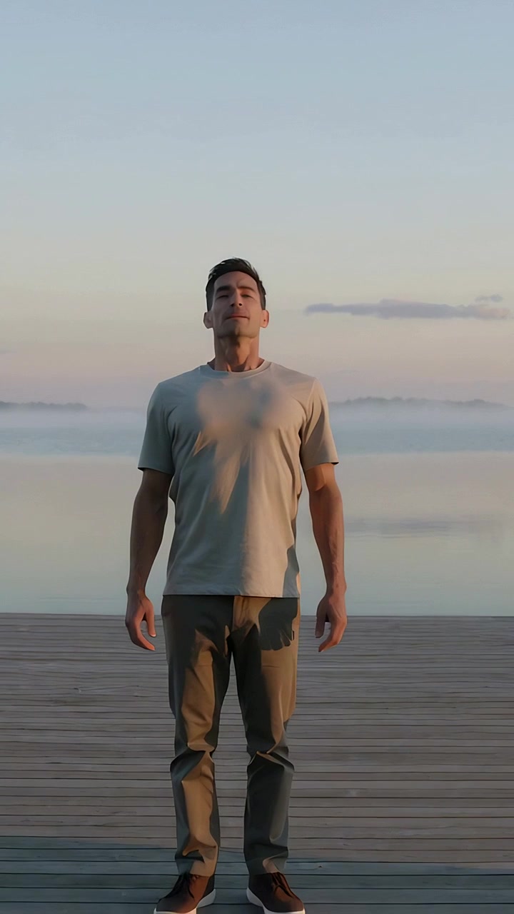 Video verticale: Uomo che cammina si ferma sul ponte, alza lo sguardo, chiude gli occhi, l'alba lo attira verso il mare.