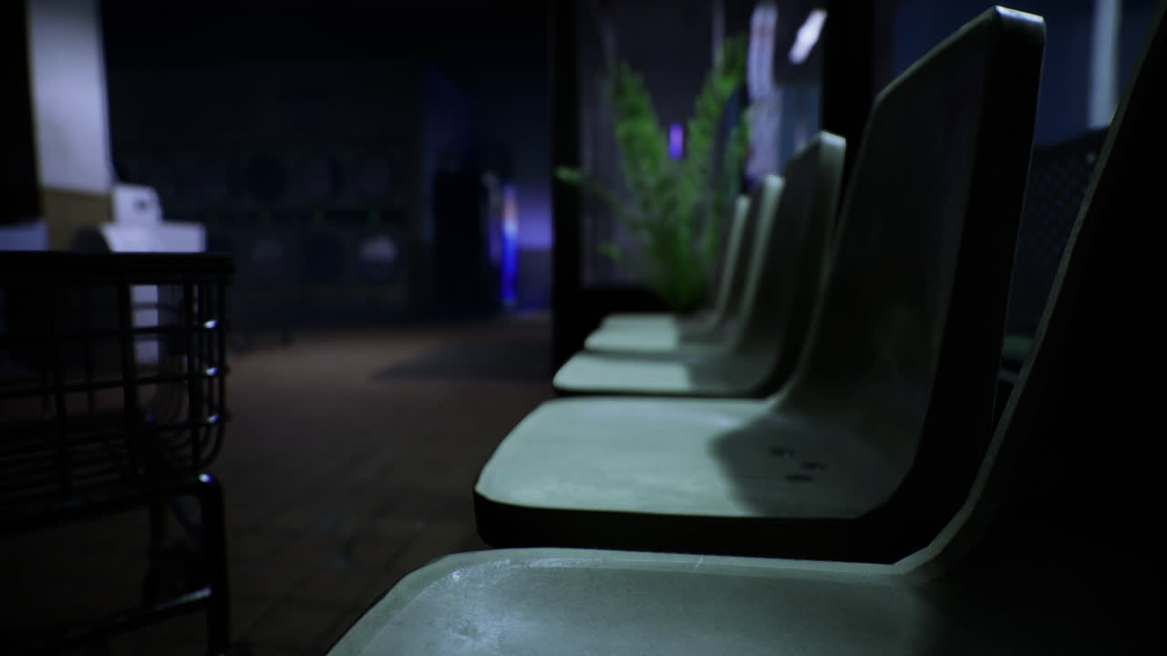 Seating area in a dimly lit indoor space with plants in view