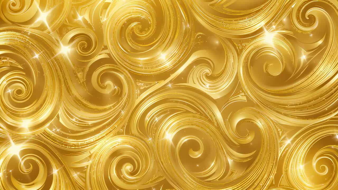 Animazione che inizia con un motivo a spirale dorata che fluttua creando un'illusione fluida con scintillii sull'inquadratura