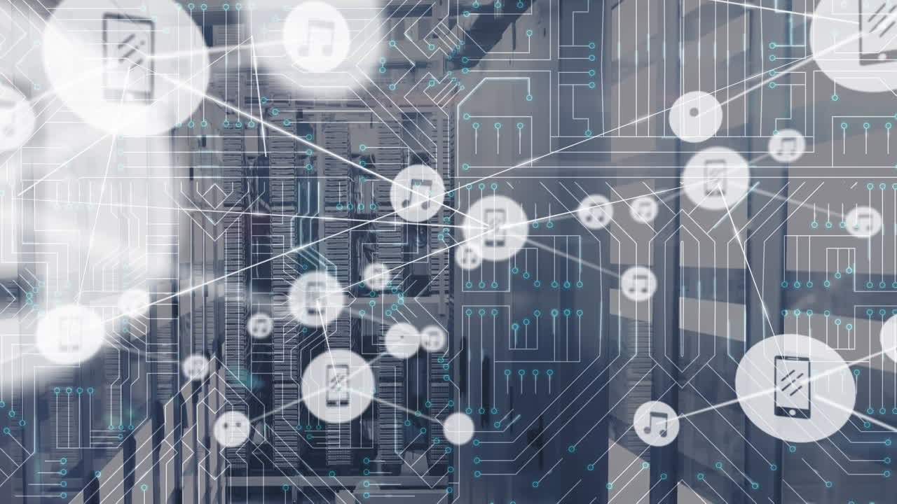 Animation of network of connections with icons over server room