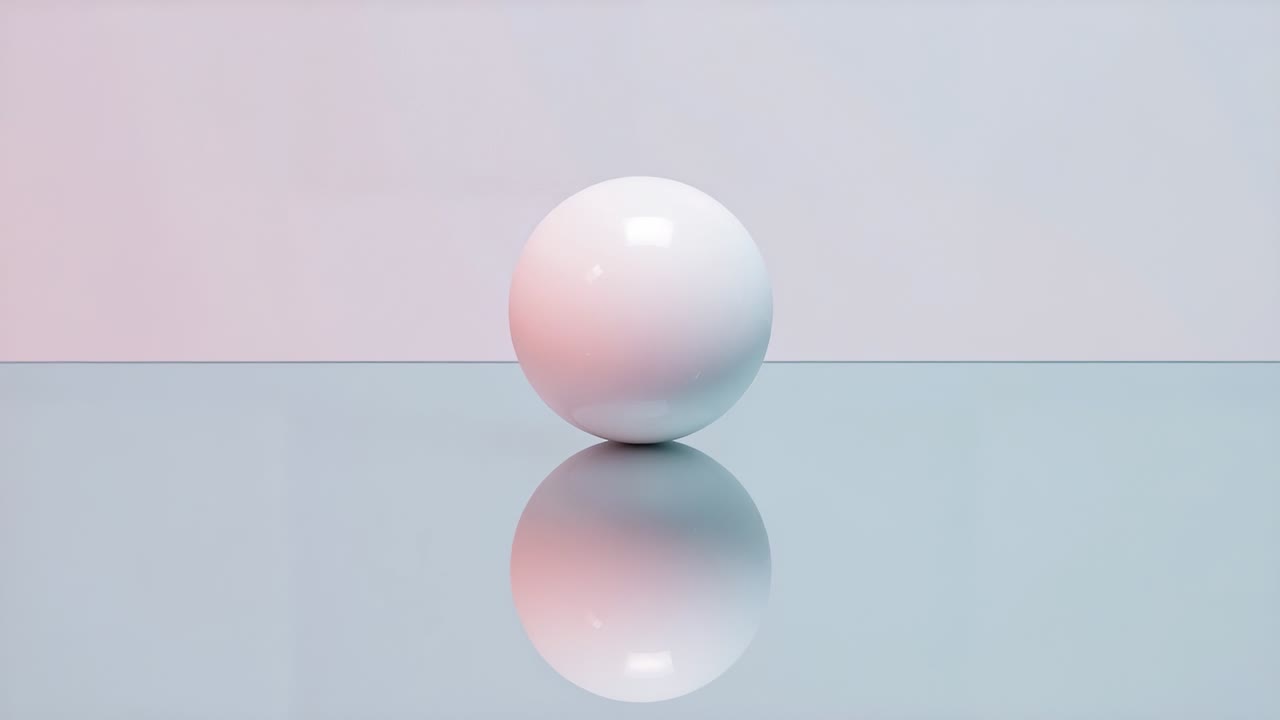 Initiating camera zooming into white polished sphere on glossy floor, highlighting reflection