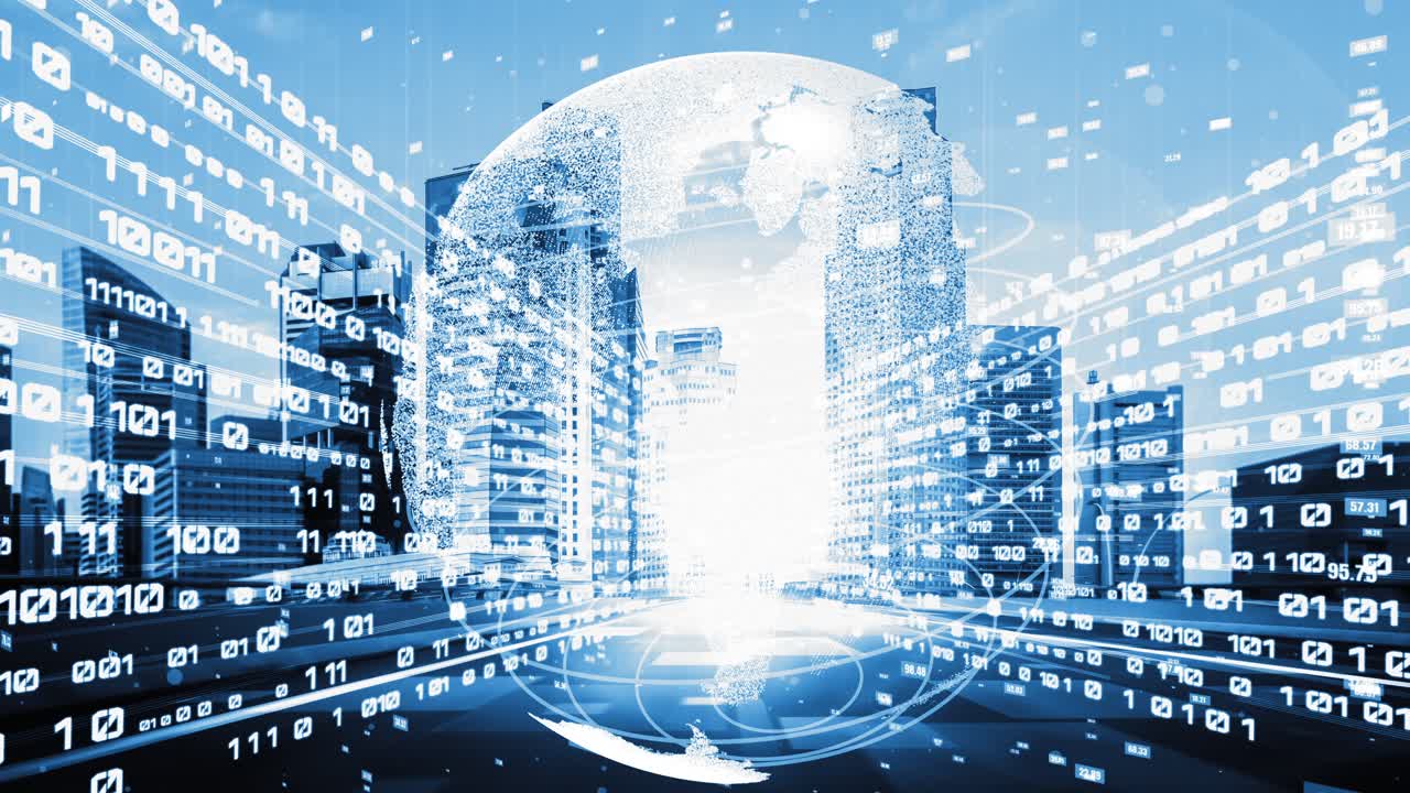 미래의 글로벌 네트워크와 암 ⁇ 적인 디지털 데이터 전송 3d 그래픽