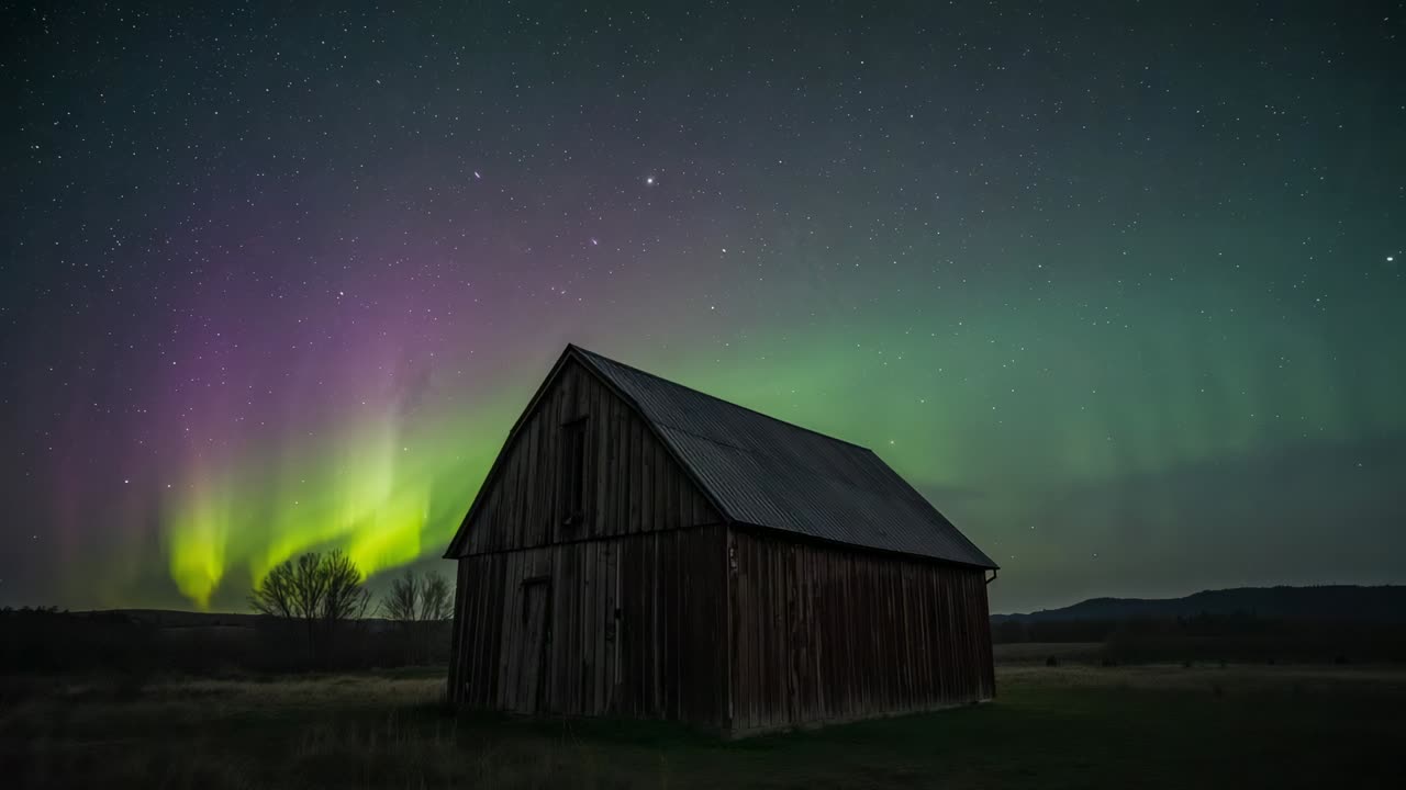Intensifying auroral arc sending green bands sweeping over barn with metal roof in field at night