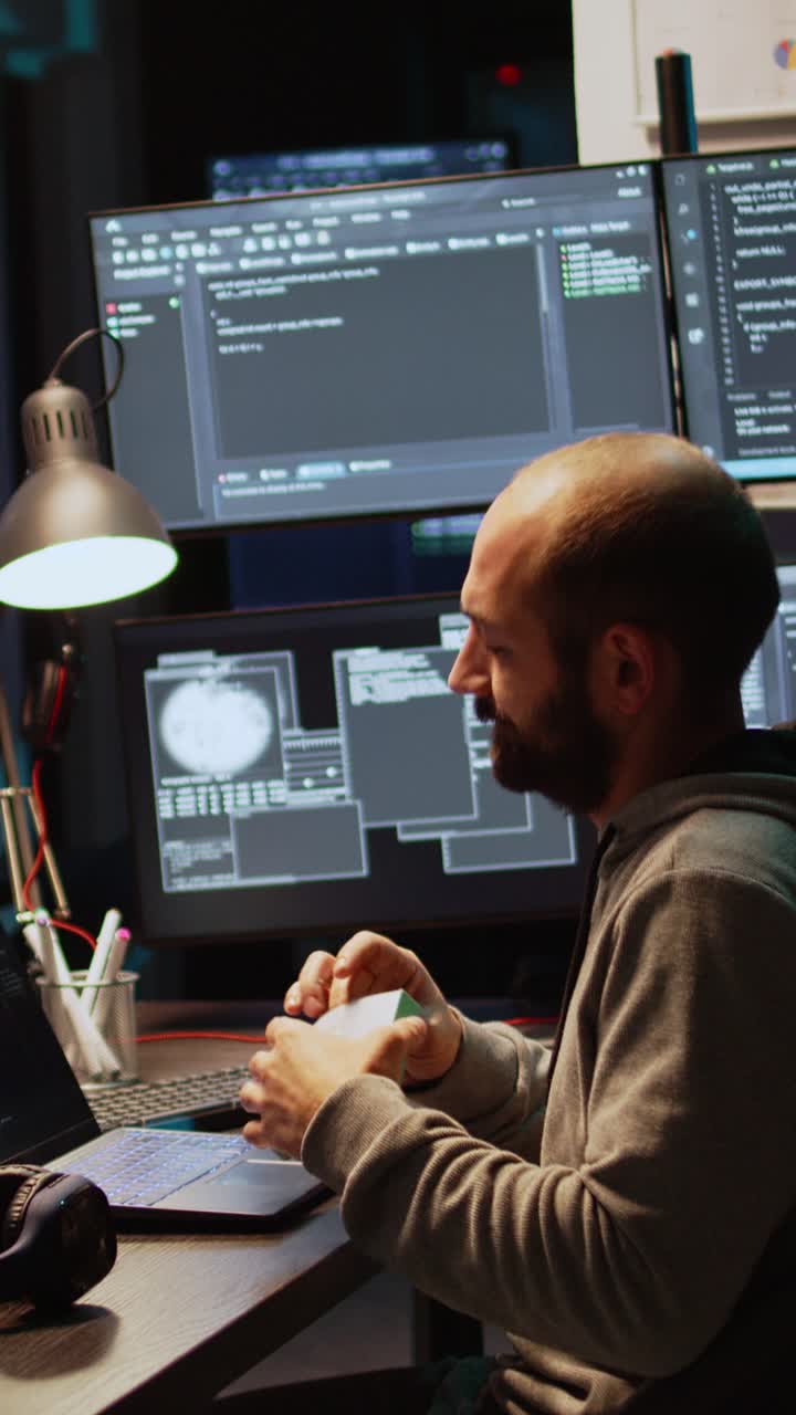 Vertical video: IT programmer taking vitamins and pills in box