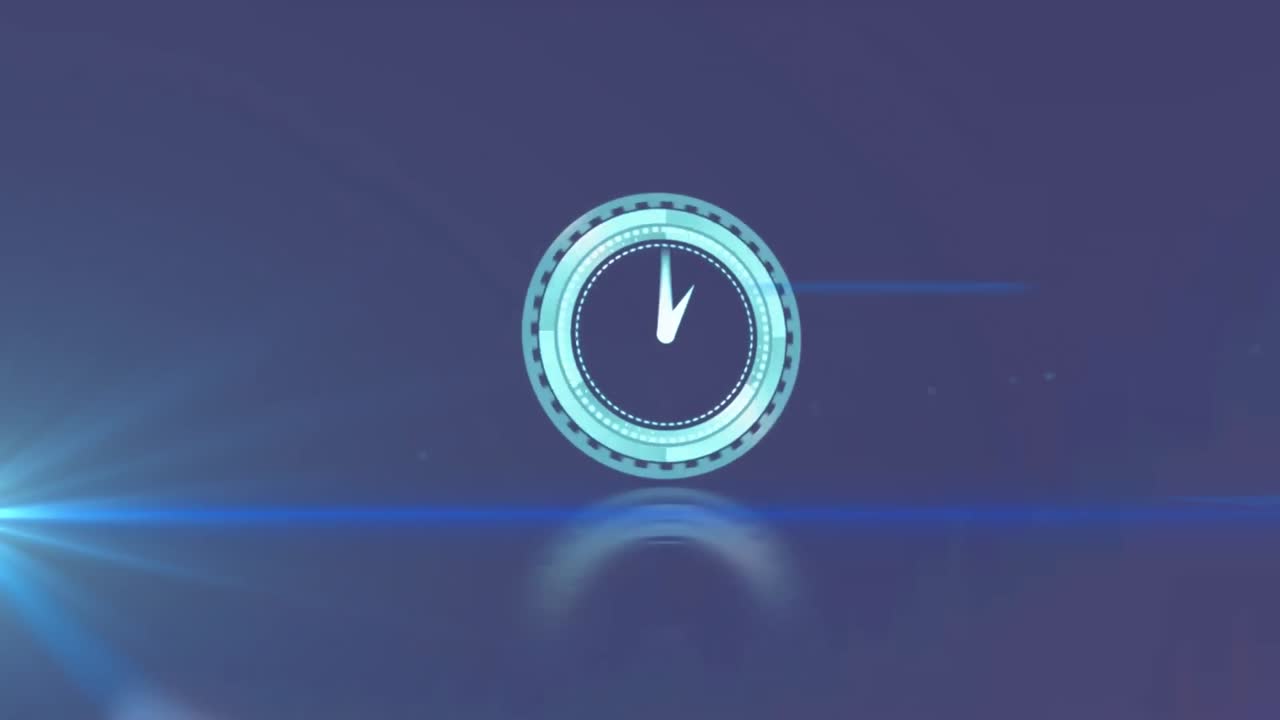 Animation of rotating safe lock with clock over light trail on blurred background