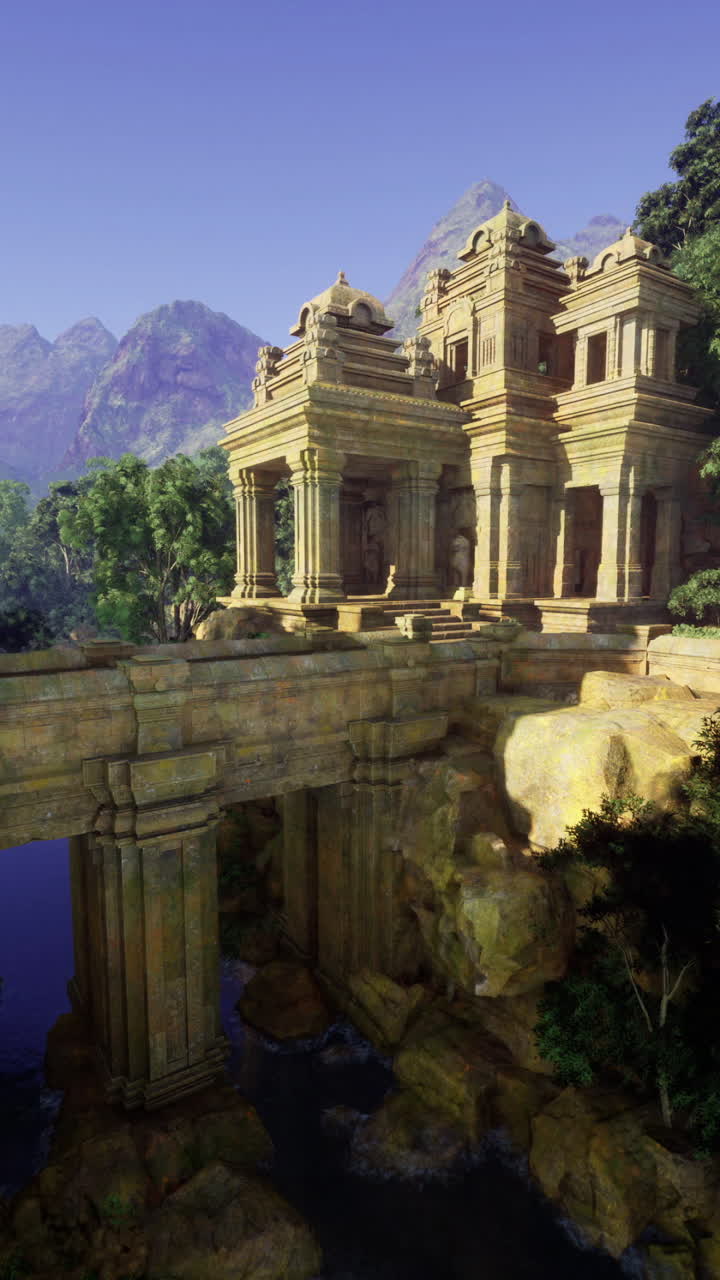 Ancient ruins surrounded by lush vegetation and mountains in daylight