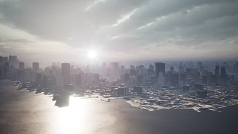 skyline aerial view at sunset with skyscrapers