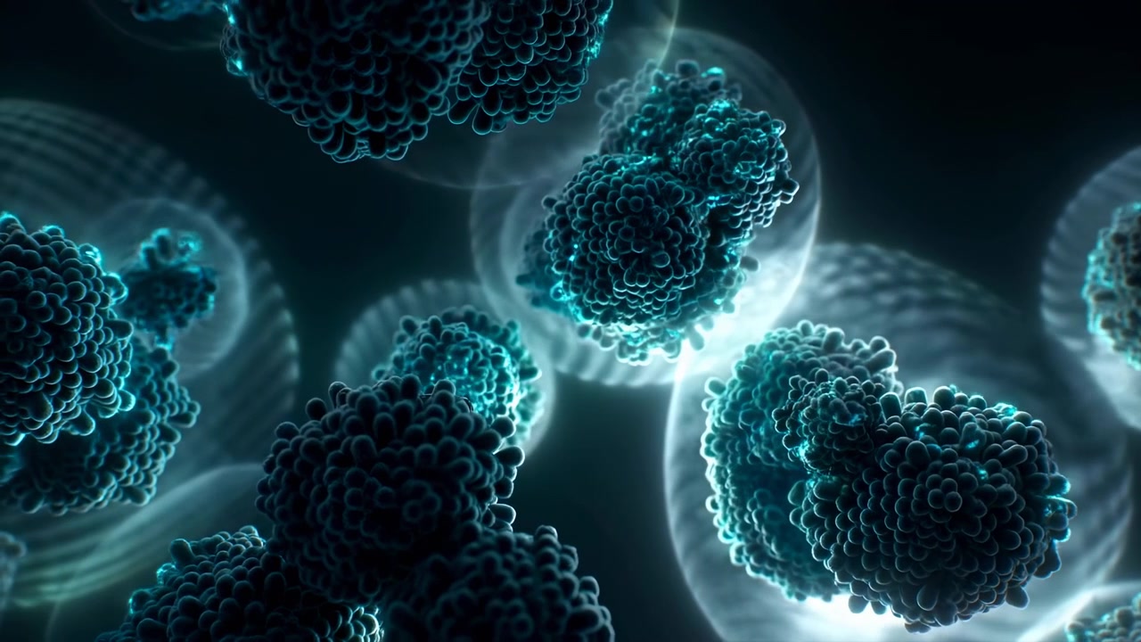 Forme arrotondate raggruppate si muovono delicatamente all'interno di membrane sferiche trasparenti mentre le strutture circostanti attraversano l'inquadratura, con bordi ciano luminosi, ombre profonde e una prospettiva microscopica ravvicinata