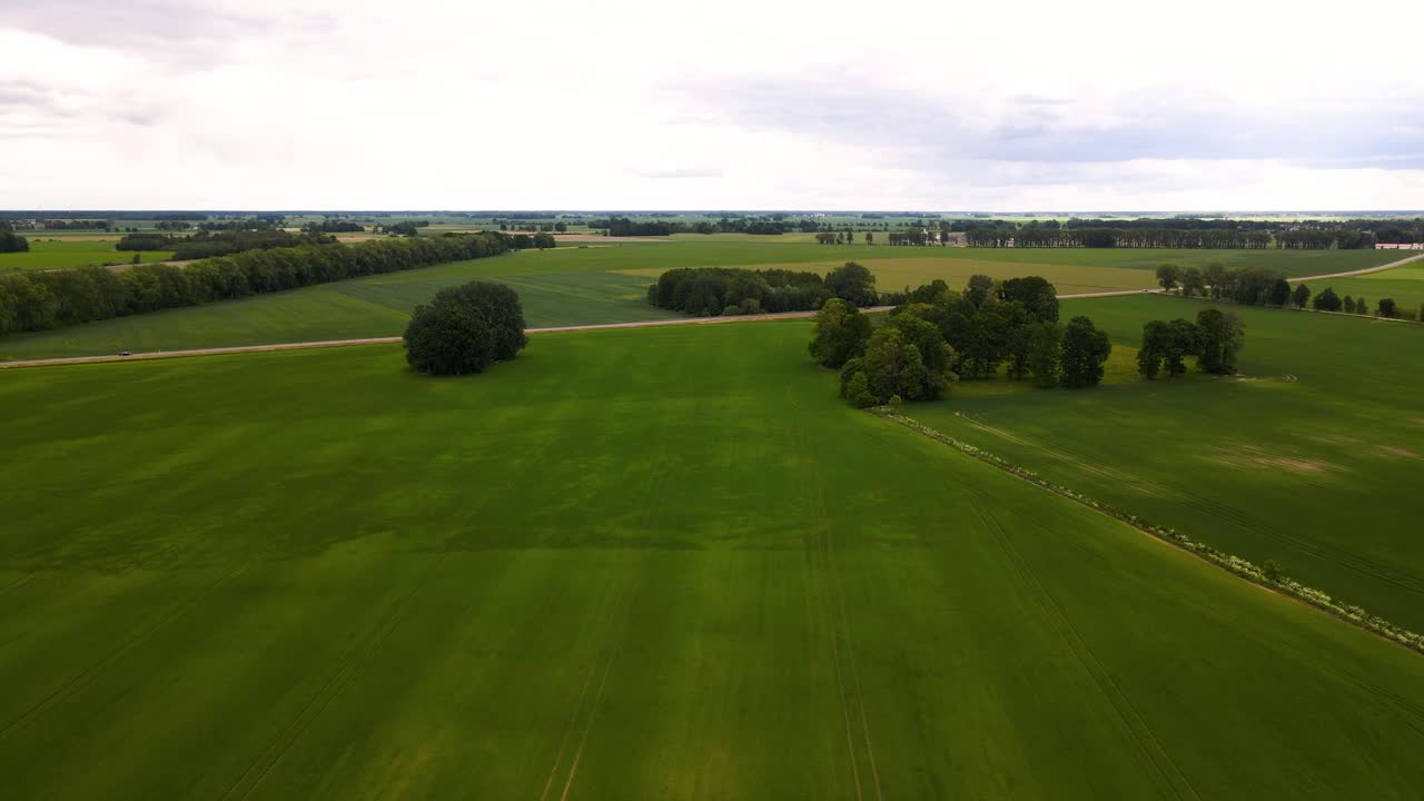 Aerial shot of green cultivated fields and farmlands on cloudy summer's day in Lithuania
