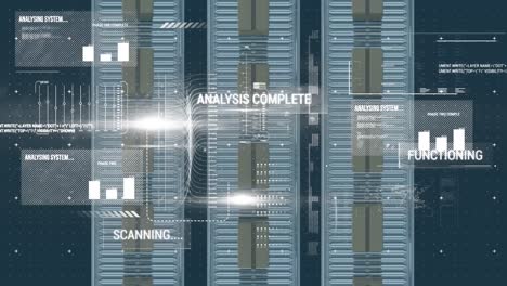 Digital interface with data processing over multiple boxes on conveyor belt against blue background