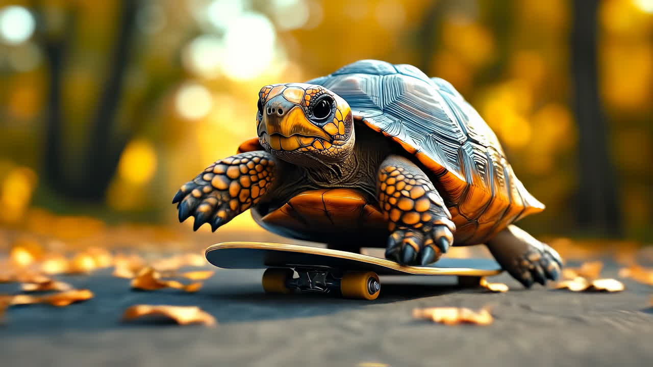 Turtle riding a skateboard on asphalt road. Close up action shot of a tortoise on a black skateboard moving through autumn leaves
