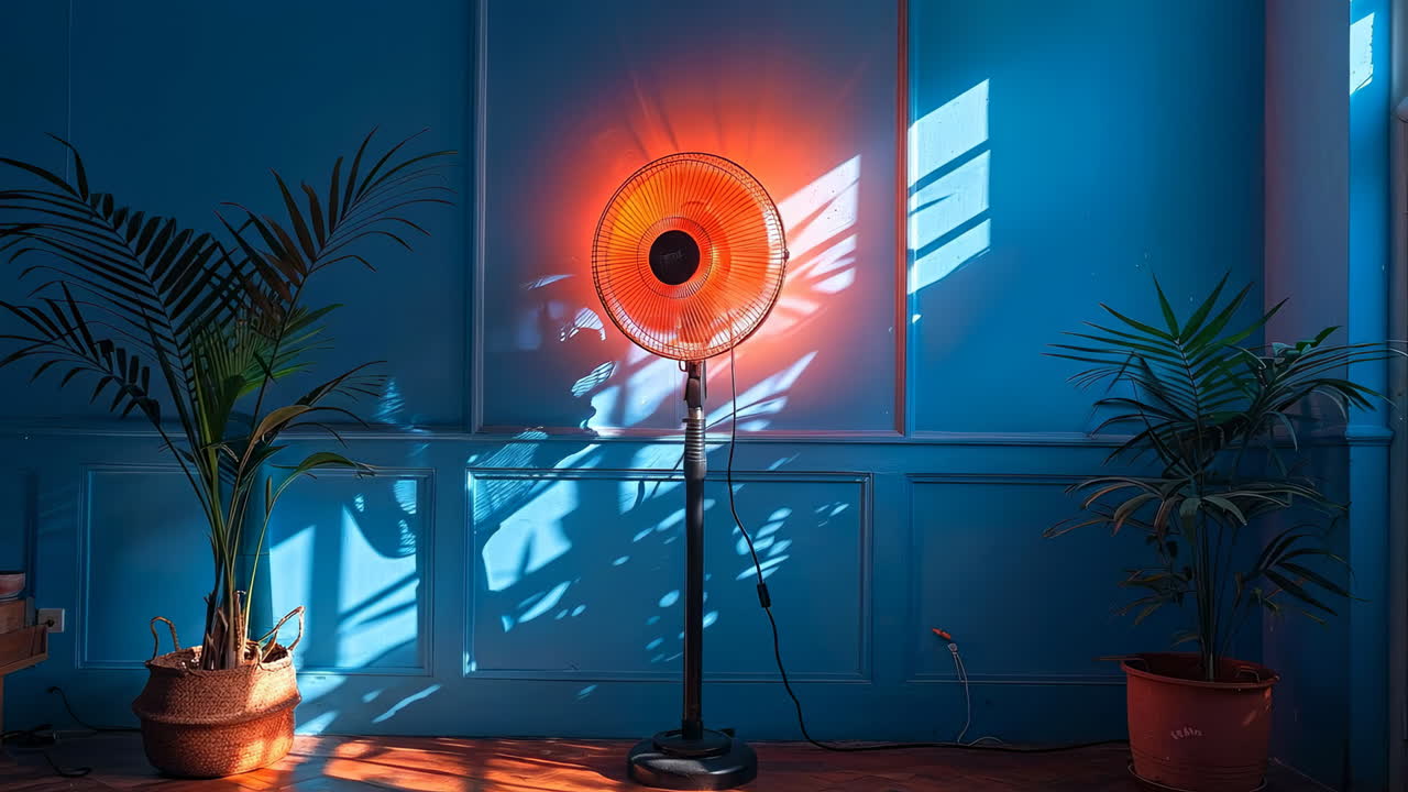 Warm glow from a stylish electric heater. A bright orange electric heater stands against a blue wall, casting warm light and shadows with nearby plants