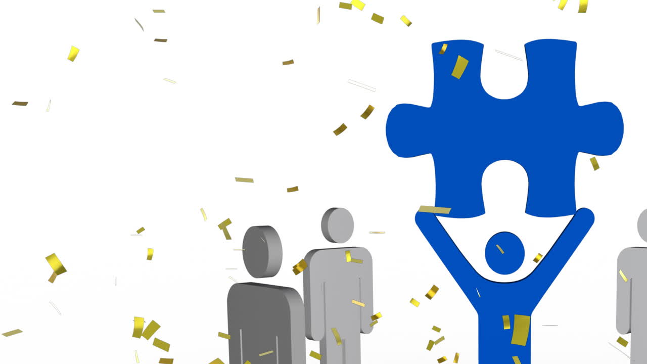 анимация золотых конфетти, падающих на мужчин, держащих головоломку на белом фоне