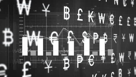 currency symbols and financial data animation over stock market graph