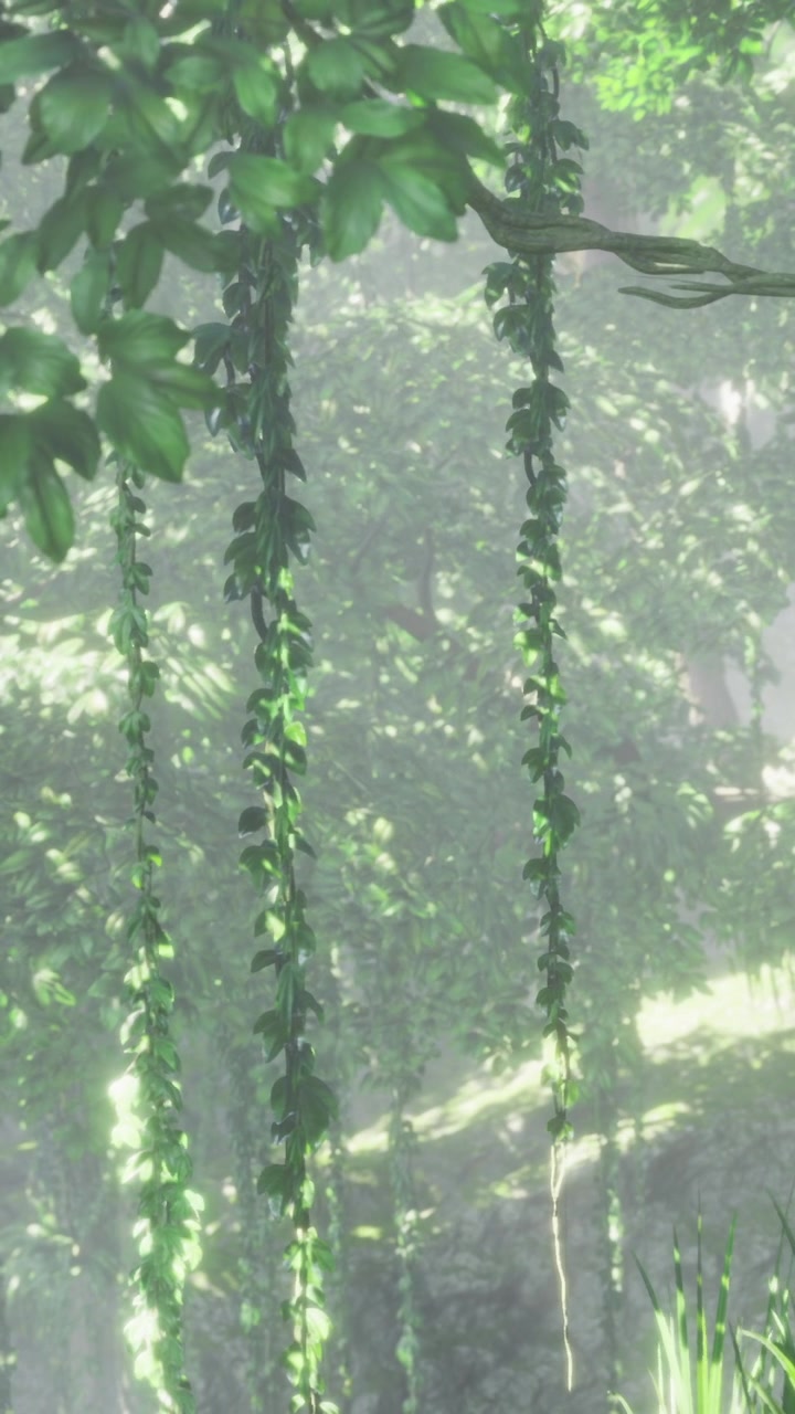 Le liane pendono dagli alberi in una foresta nebbiosa nelle prime ore del mattino.