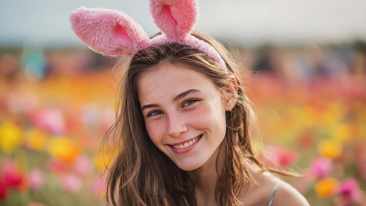 Smile of joy in a flower field with bunny ears in springtime