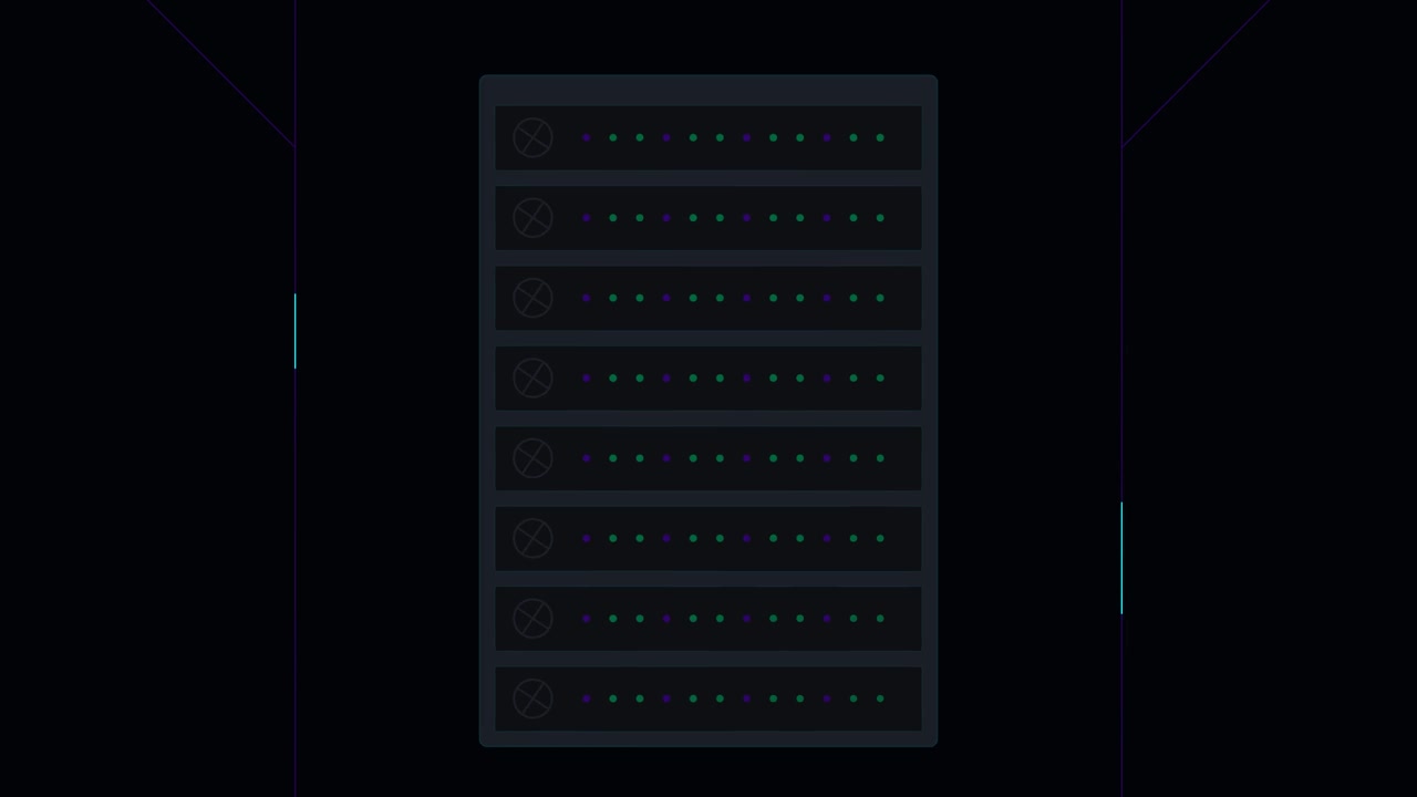 Animazione di caricamento di rack server digitale con indicatori di dati luminosi
