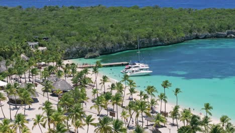 Exotic-sandy-beach-with-palms-and-idyllic-blue-sea-at-Isla-Catalina,-Caribbean