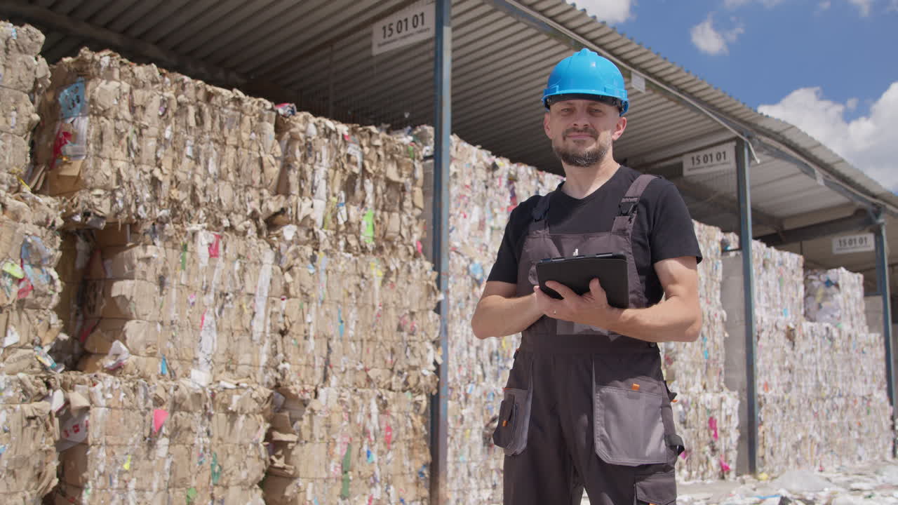 un trabajador mira hacia arriba después de hacer notas en una tableta en una instalación de reciclaje de papel