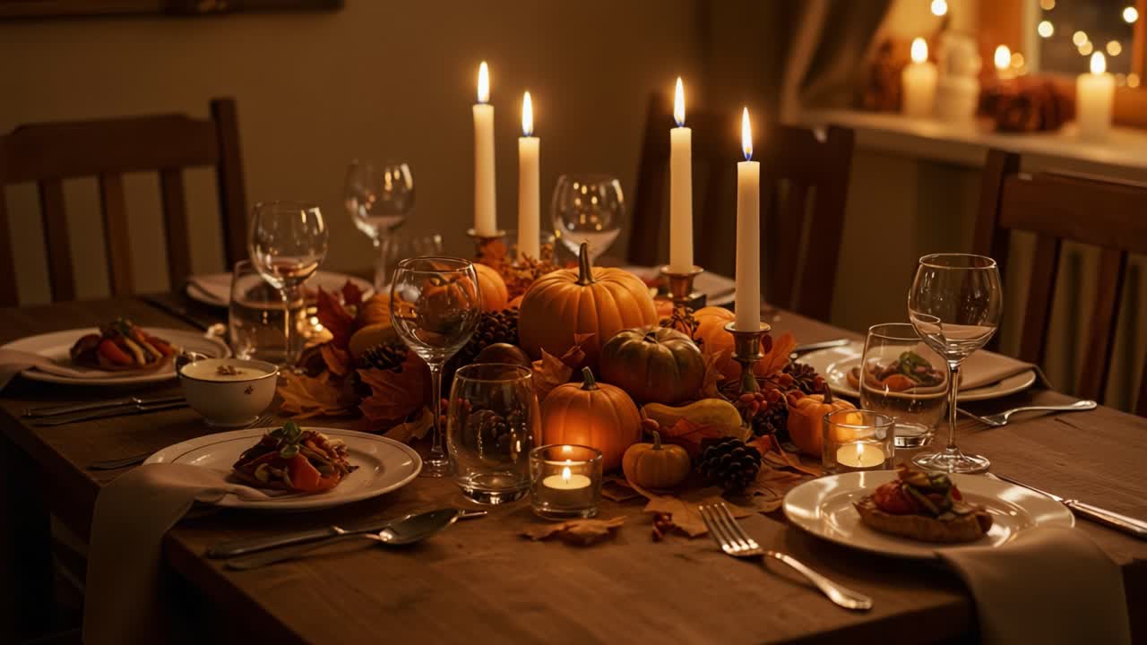 A Cozy Autumn Harvest Table Setting with Pumpkins, Candles, and Seasonal Decorations for a Festive Gathering or Dinner Celebration