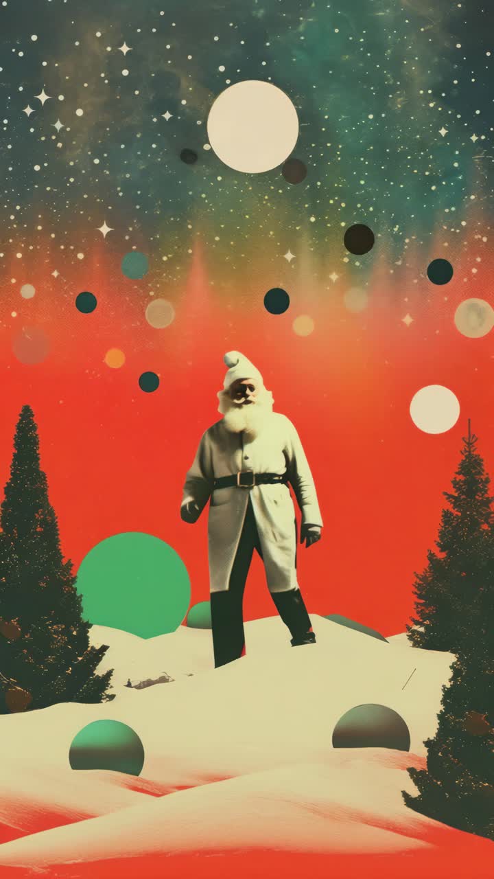 Surreal video concept with Santa in a cosmic landscape. Low-angle shot highlights a vibrant, dreamy