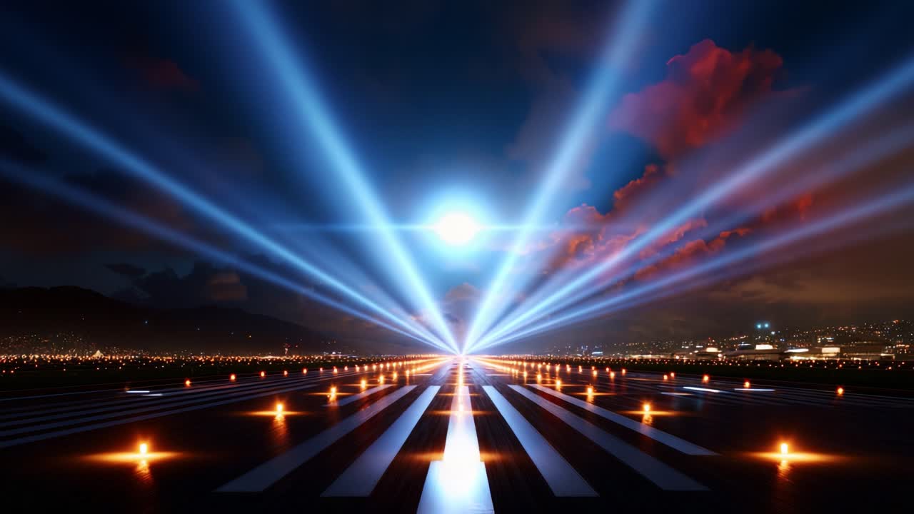A Stunning Display of Light Over a Runway at Night, Showcasing the Contrast Between the Illuminated Path and the Dramatic Sky, Creating a Captivating Visual Experience for All Who Witness It