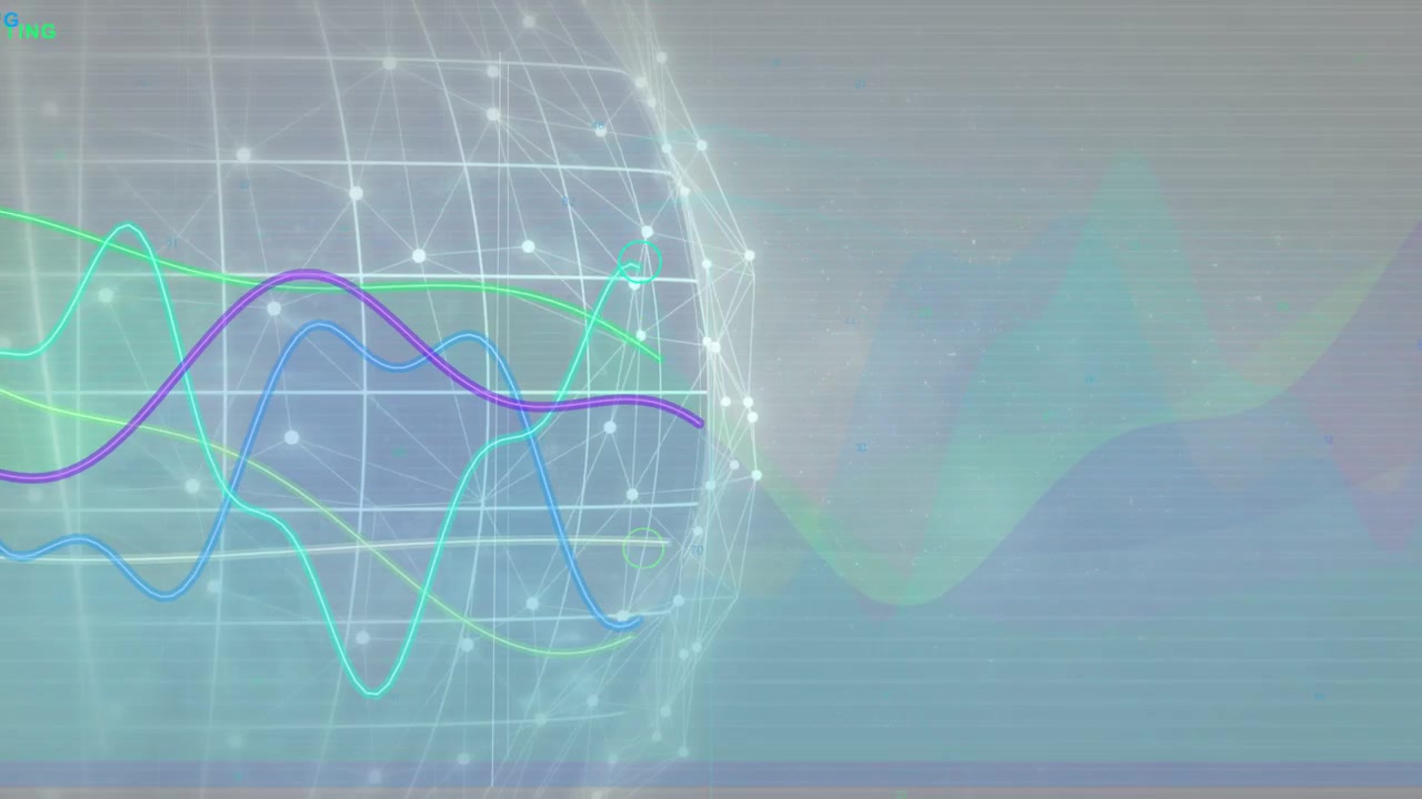 Wireframe globe anchoring left, nodes pulsing, starting data lines extending right to show trends