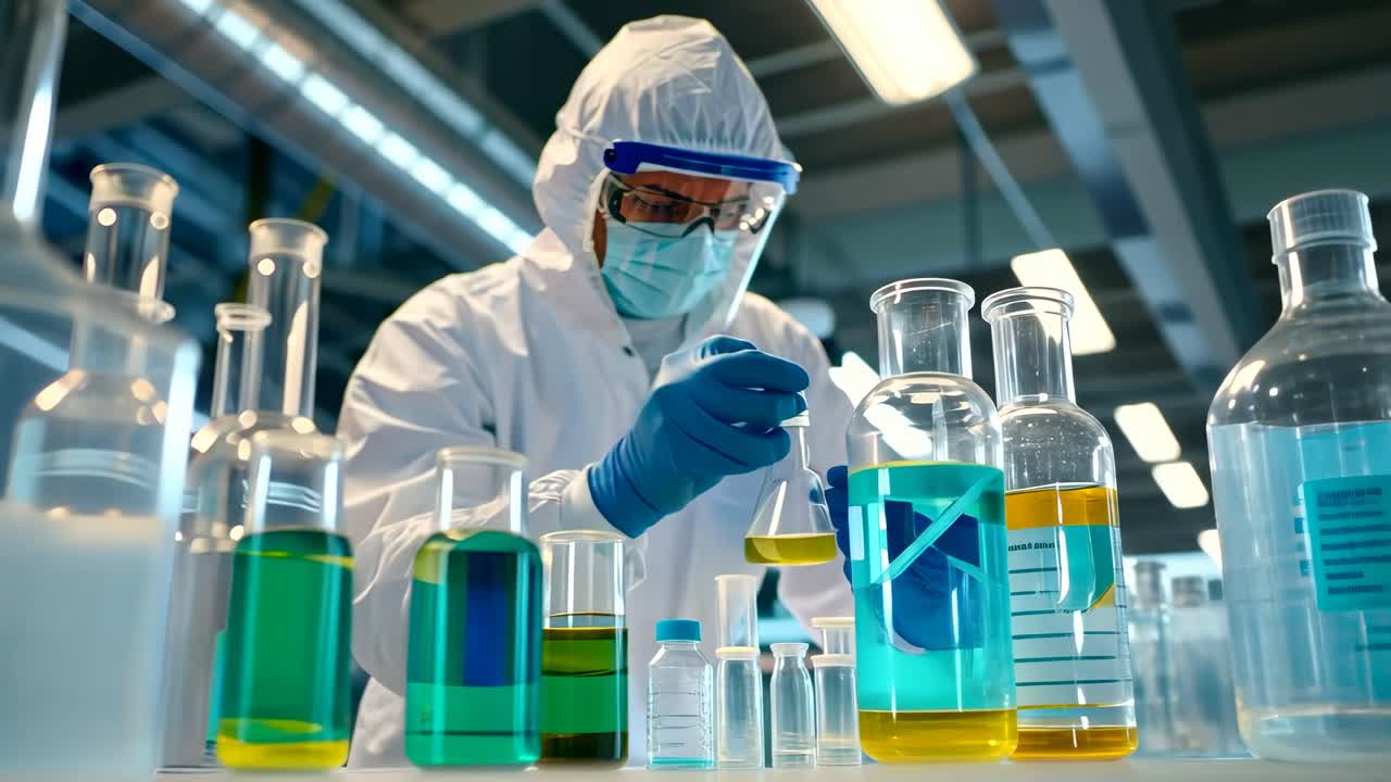 Científico con equipo de protección realizando experimentos en un laboratorio