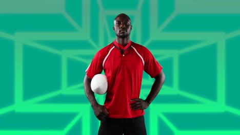 animation of african american male american football player with ball over shapes