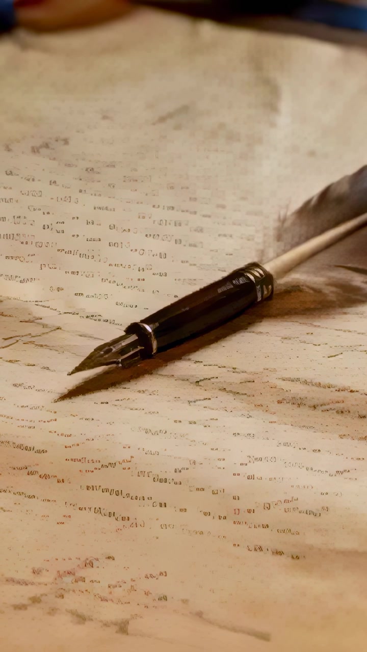Vertical video: Pulling camera bringing metal nib quill pen into focus on parchment for detail