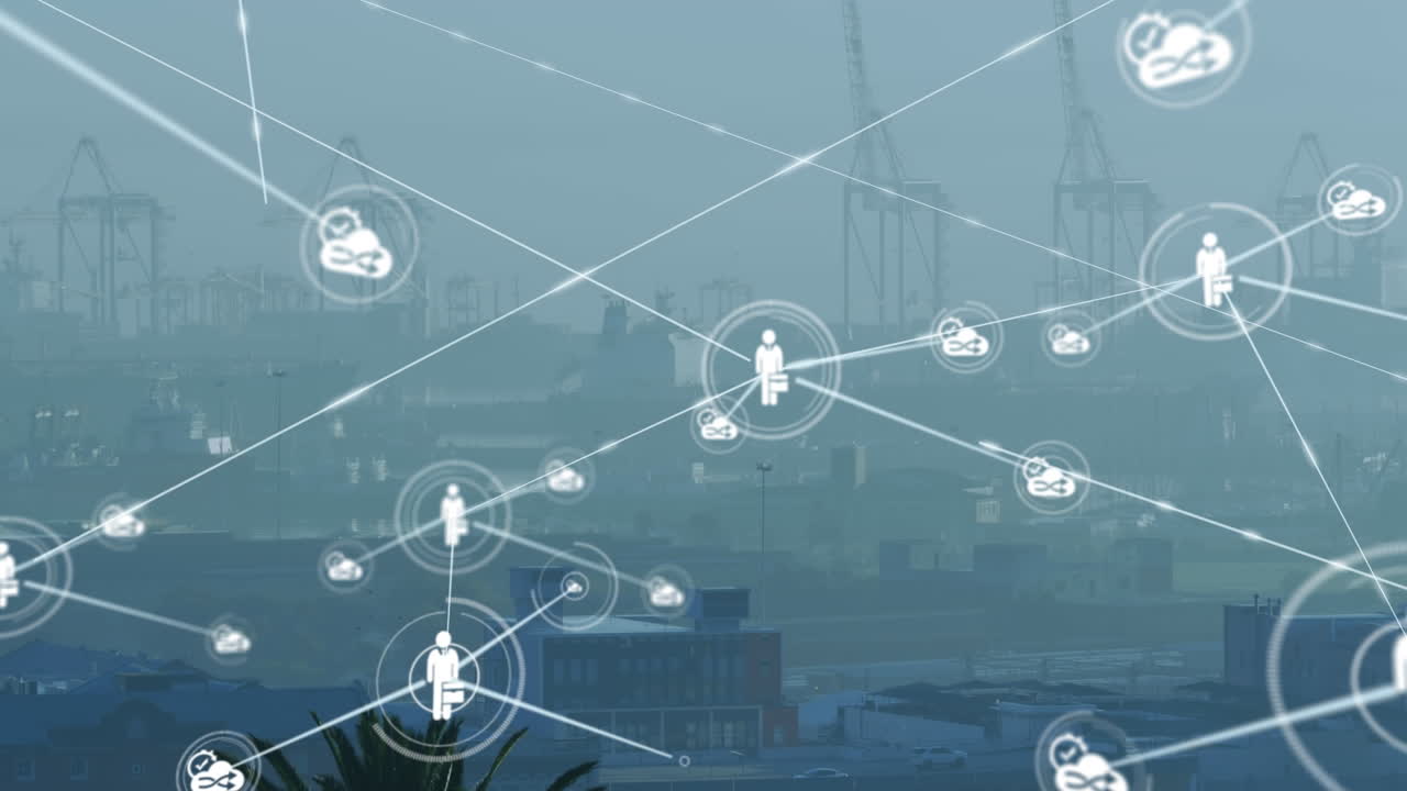 анимация сети соединений по городскому ландшафту