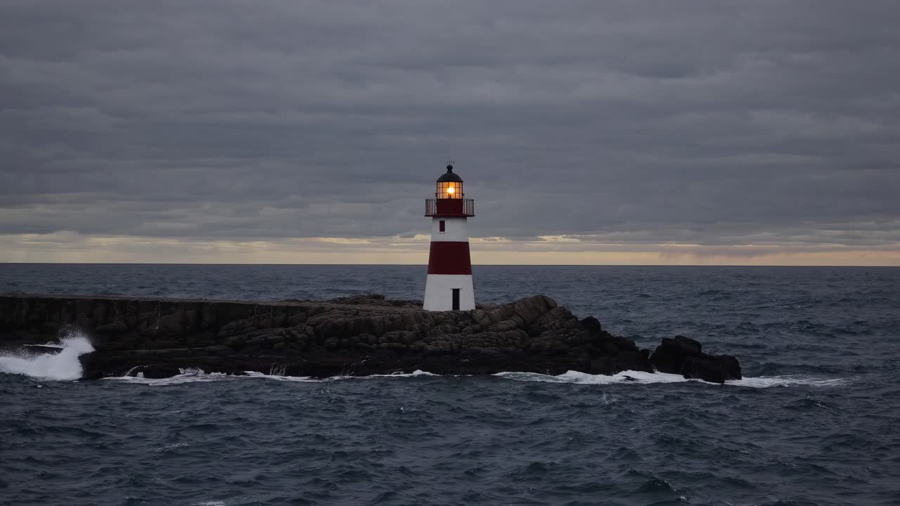 Una ripresa video drammatica grandangolare di un faro su una costa rocciosa sotto un cielo cupo e nuvoloso