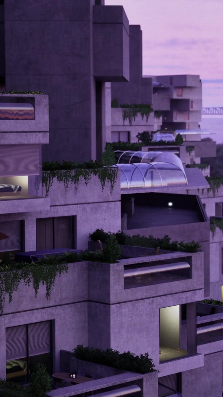 Moderne lejlighedsbygninger i byområde i aftenlys