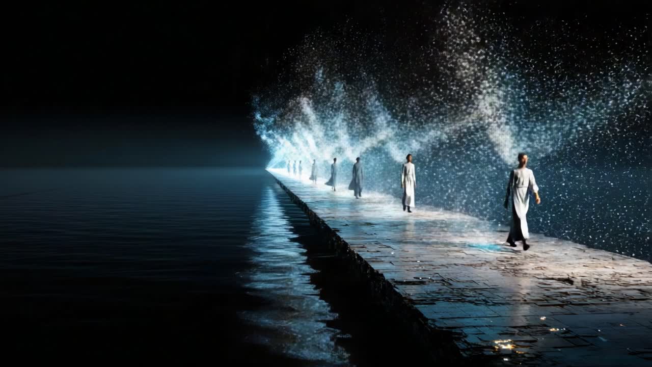 A mesmerizing journey through a cosmic pathway where ethereal figures traverse a shimmering, starry bridge over calm waters, creating a breathtaking illusion of depth and light