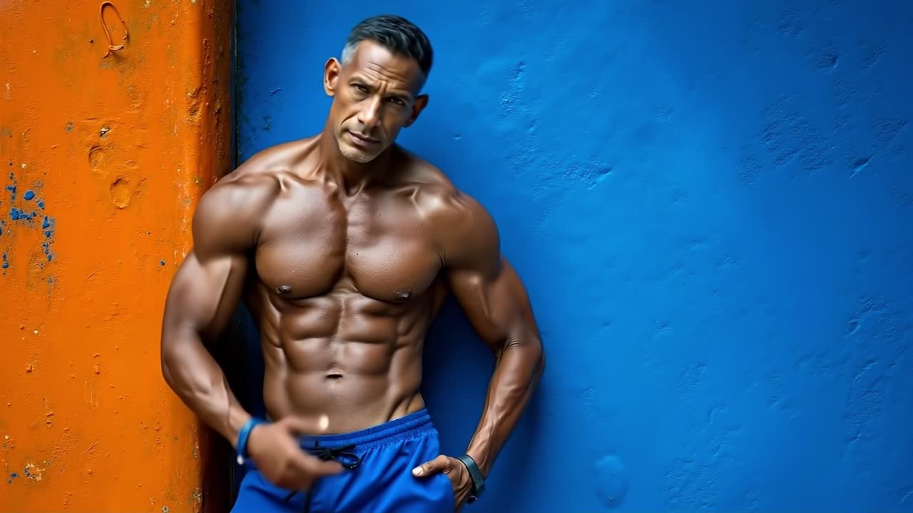 A shirtless man leaning against a blue and orange wall