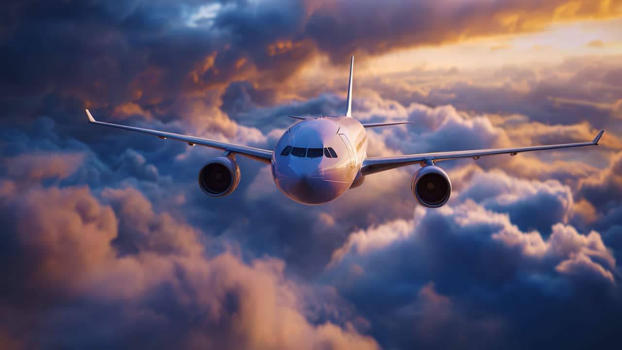 Un maestoso aeroplano che vola con grazia tra nuvole vibranti durante un tramonto mozzafiato, catturando la bellezza del volo e la meraviglia dell'aviazione in ogni dettaglio
