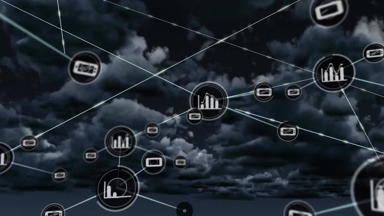 animación de la red de conexiones con iconos sobre nubes