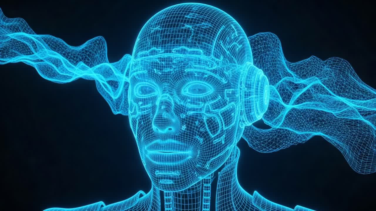 Une représentation futuriste en wireframe d’une tête cybernétique, soulignant l’intégration de la technologie et de l’humanité avec des effets de lumière bleue vibrants