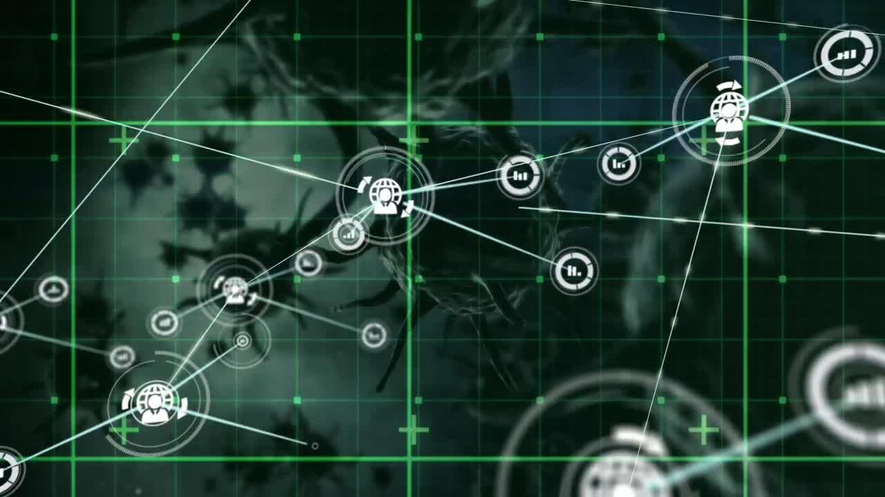 Network of digital icons over grid network against multiple covid-19 cells on black background