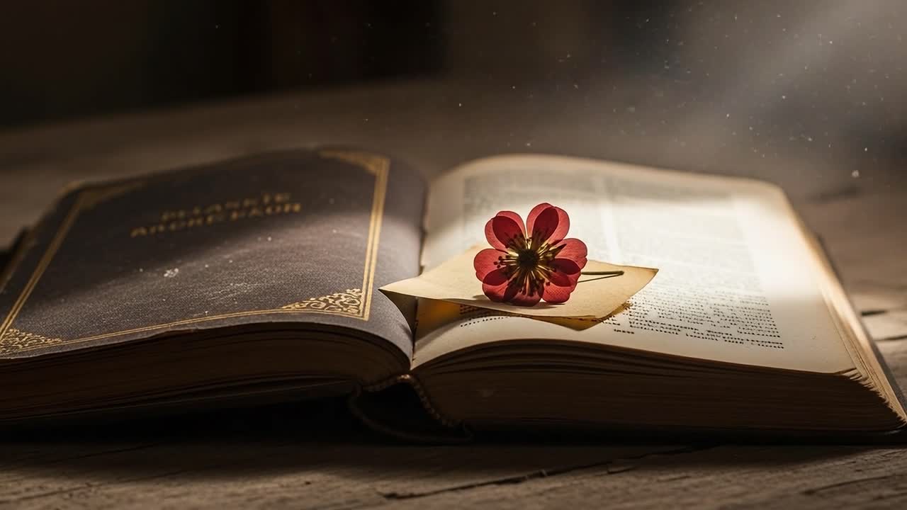 Una natura morta affascinante di un libro aperto con un fiore delicato e una nota, che evoca un senso di nostalgia e serenità in un'atmosfera sottile e polverosa.