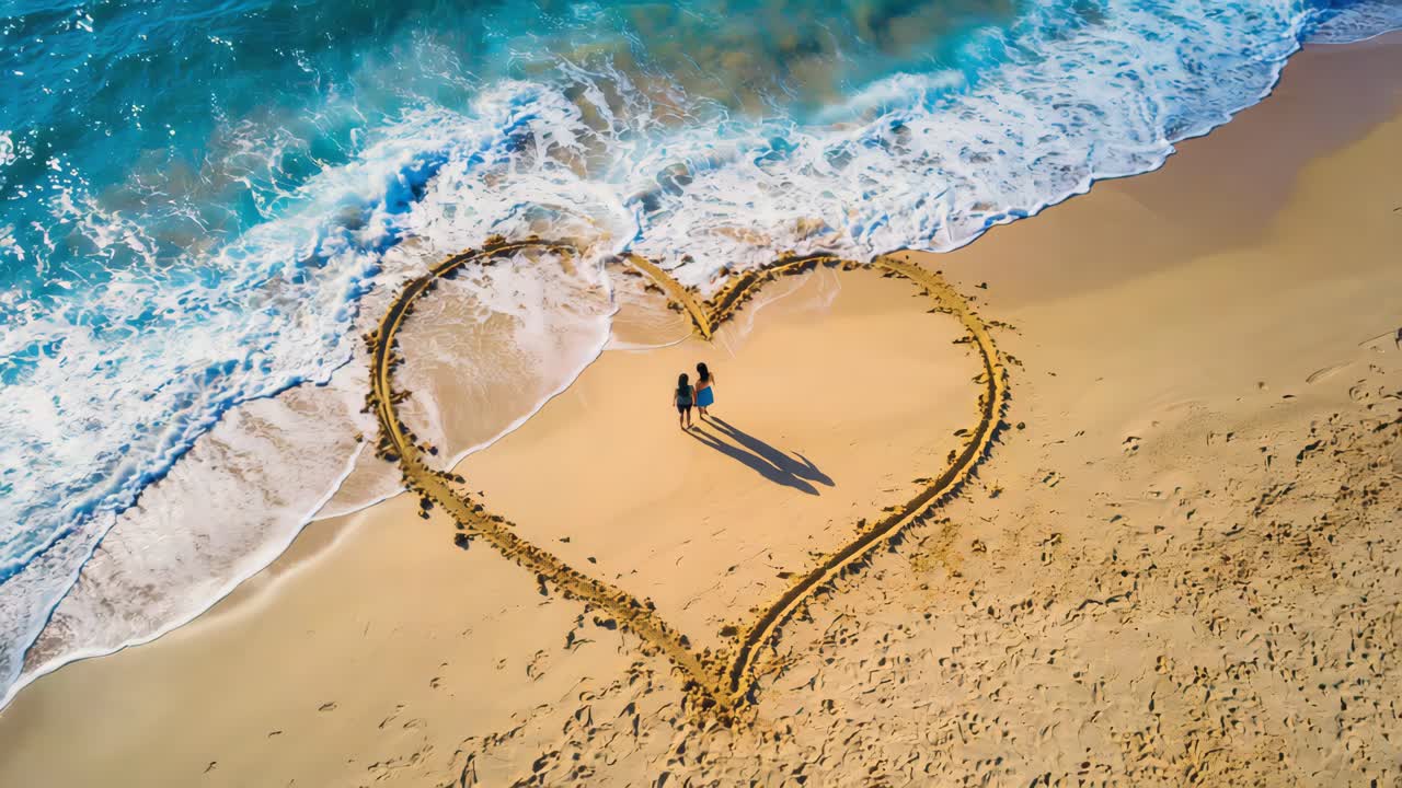 Couple in Heart Drawn on Beach