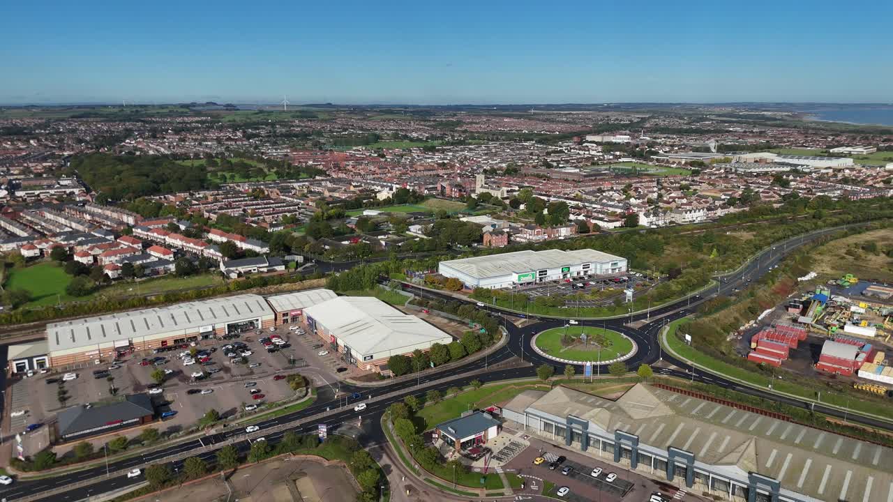 Aerial drone video Hartlepool marina harbour port beach coastal town County Durham North East England UK