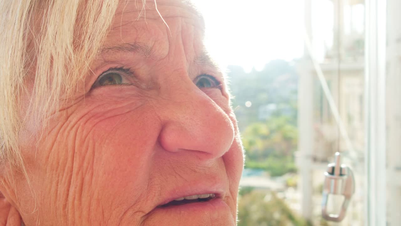 Extreme close-up of a senior woman's face in bright sunlight. Detailed view of skin texture, wrinkles, and expressive blue eyes looking upwards. Authentic portrait of aging and wisdom
