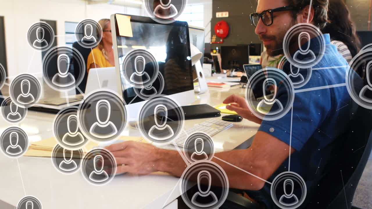 animación de la red de personas iconos sobre diversas personas de negocios en la oficina