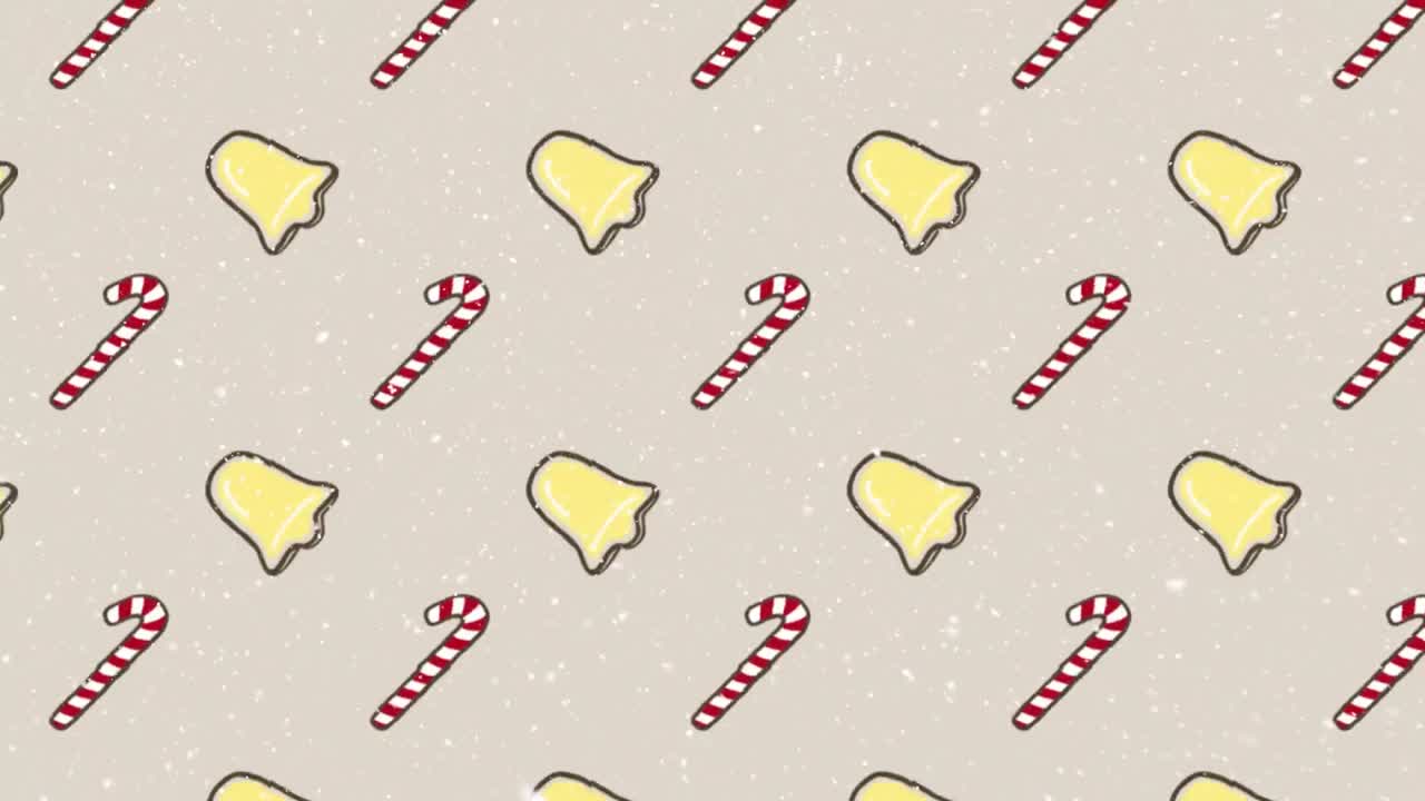 베이지색 배경에 종과 사탕 막대기가 있는 크리스마스 패턴 위에 내리는 눈의 애니메이션