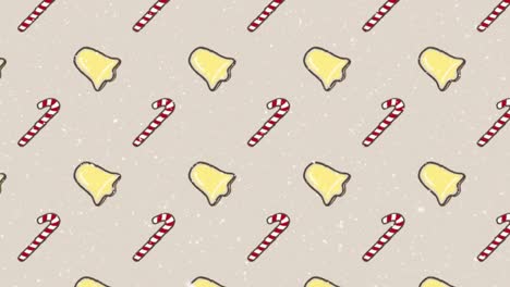 Animation-of-snow-falling-over-christmas-pattern-with-bells-and-candy-canes-on-beige-background