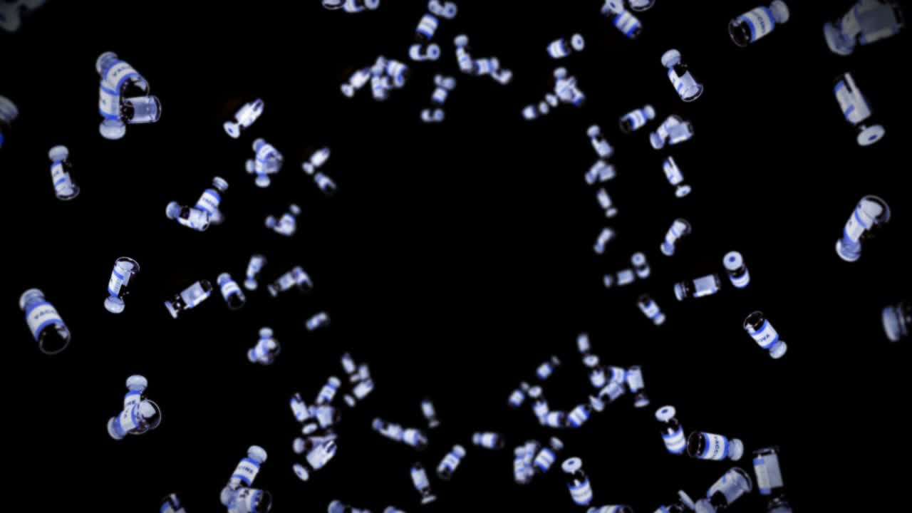 검은색 배경에 많은 백신 병을 날리는 의료 개념 바이러스 치료 투명 액체 백신의 3d 루프 애니메이션