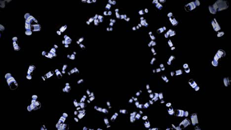 volando muchas botellas de vacunas en fondo negro. concepto médico. cura de virus. líquido transparente. animación de bucle 3d de vacunas.